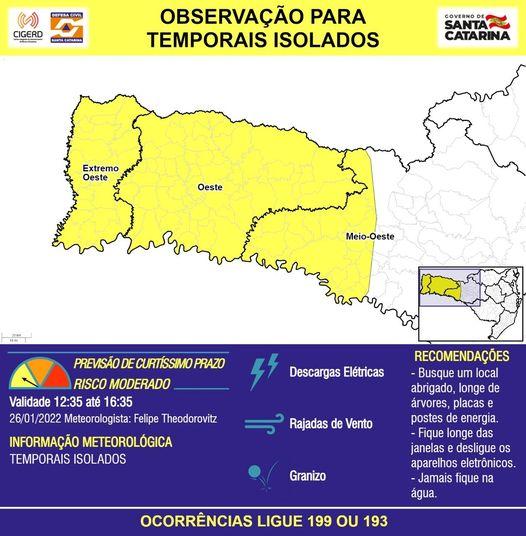 Defesa Civil alerta para temporais com queda de granizo a partir de hoje em Santa Catarina.