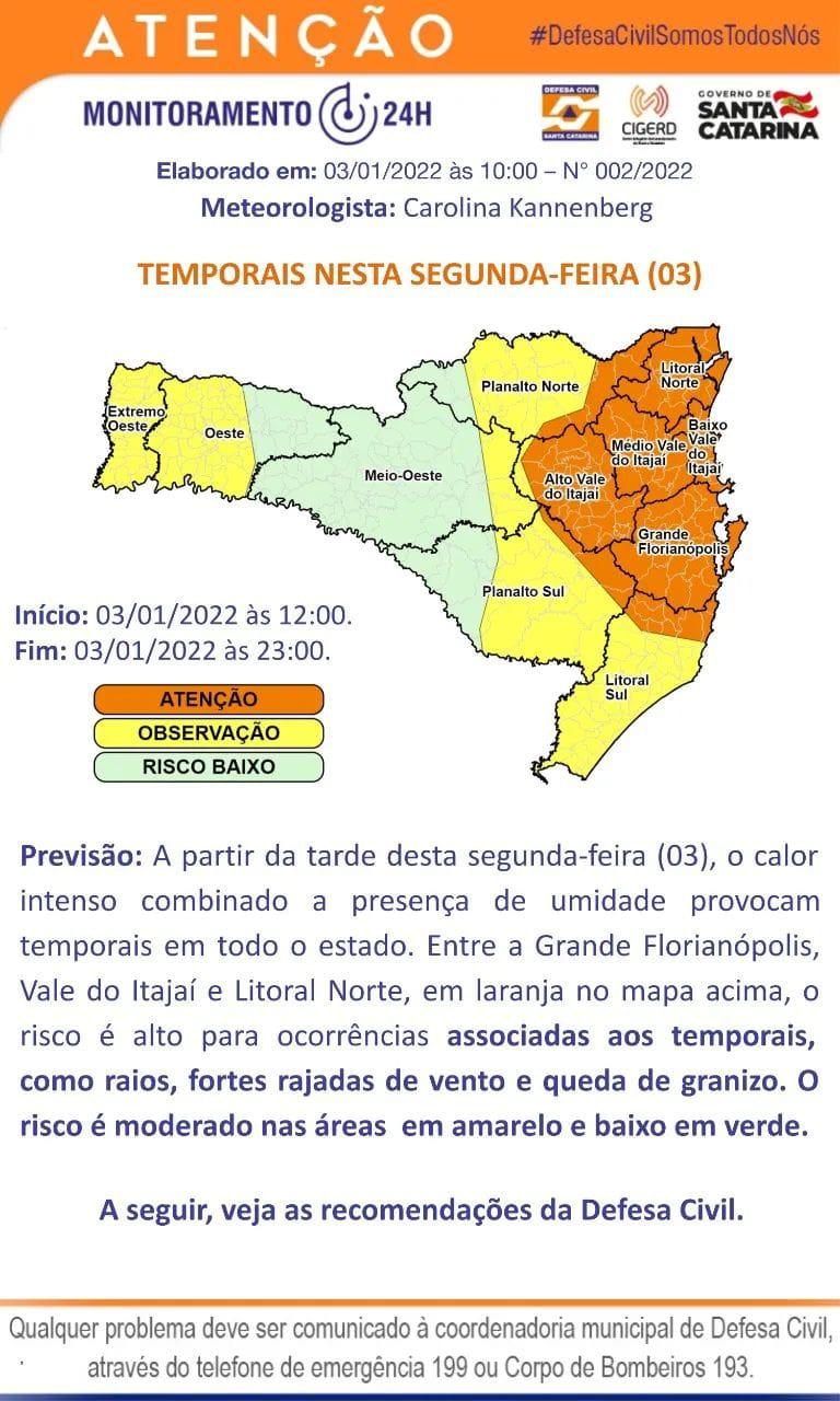 Defesa Civil alerta para temporais no vale do Itajaí.